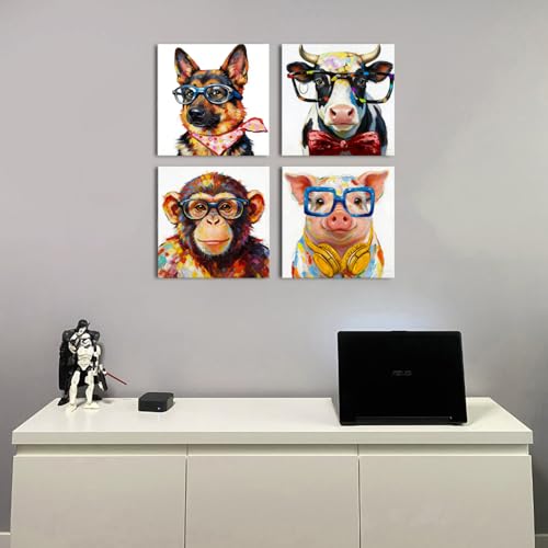 Funny Animal Wall Art Canvas Print Set - Kids Bedroom Decor, 12x12 Inch, Cartoon Animals with Glasses - 4 Pieces