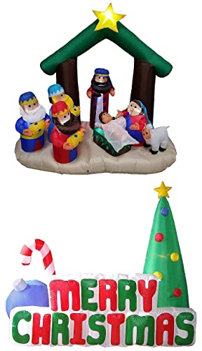 Inflatable Christmas Decorations Bundle - 6ft Nativity Scene & Christmas Tree Lights