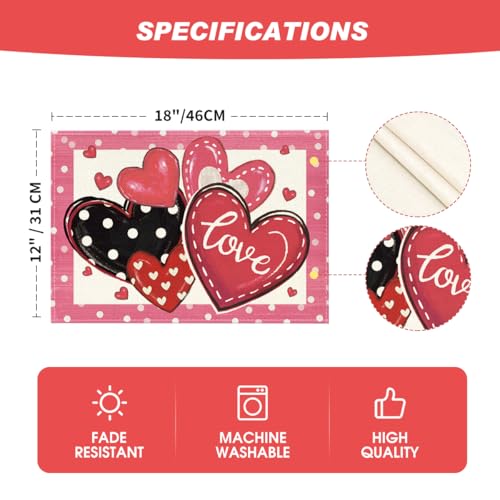 Pink Valentine's Dot Hearts Love Placemats Set of 4 - 12x18 Inch Rectangular Table Mats