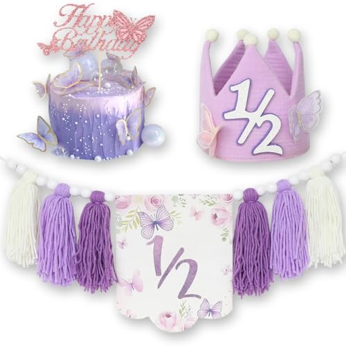 Half Birthday Decorations Set for Baby Girl - Banner, Hat & Cake Topper