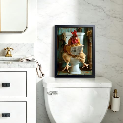 A-Rooster Framed Canvas Wall Art - Humorous Bathroom Decor 16x12 Inches