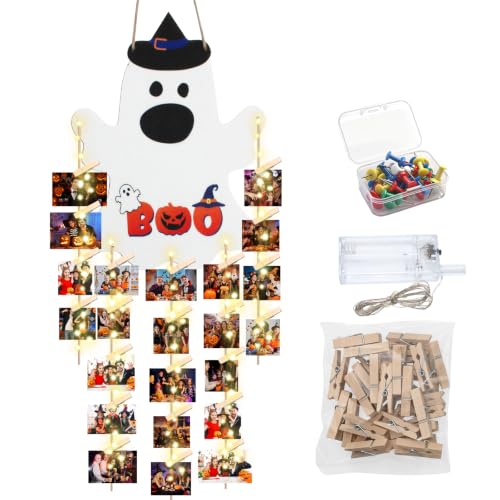 Halloween Ghost Door Sign with LED Lights and Photo Holder, Wooden Wall Decor