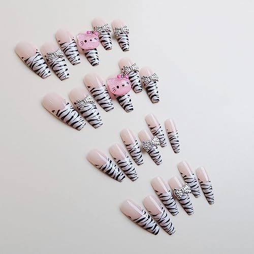 Leopard Print Press On Nails with Charms - Long Coffin Fake Nails for Women, 24 Pack