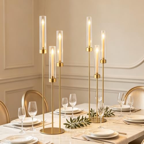Gold 34in 2-Pack 3-Arm Wedding Centerpieces with LED Candles - Vincidern