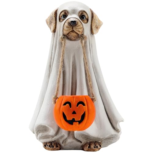 Halloween Ghost Dog Decoration - Cute Dog Holding Pumpkin Statue for Festive Decor - Variation of Dog