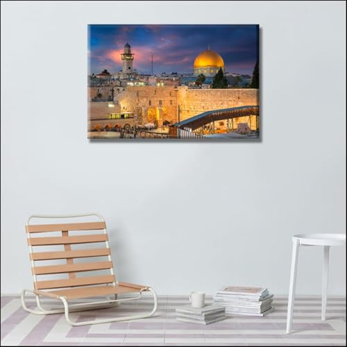 Jerusalem Wall Art Canvas - Dome of the Rock & Western Wall Sunset Scene, 16x24 Inch, Ready to Hang