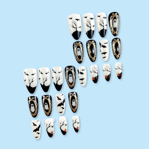 Halloween Press On Nails - Medium Almond Black Fake Nails with Gold Glitter & Ghost Design - Variation W11