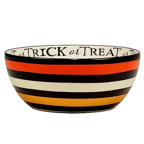 Halloween Deep Ceramic Serving Bowl - 110 oz with Colorful Stripes & 'Trick or Treat' Rim