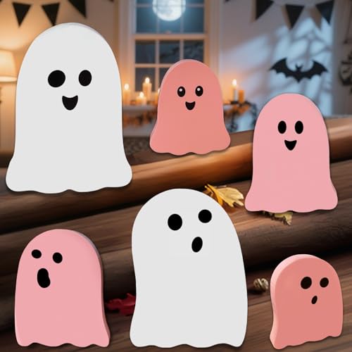 Pink Ghost Wooden Decorations Halloween Indoor Table Decor Set - Cute Ghosts