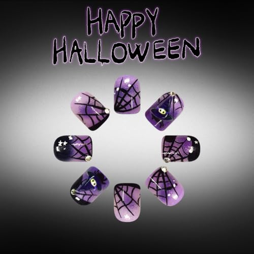 Halloween Witch Press on Nails Short Square Black Purple with Cap & Cobweb - Style27