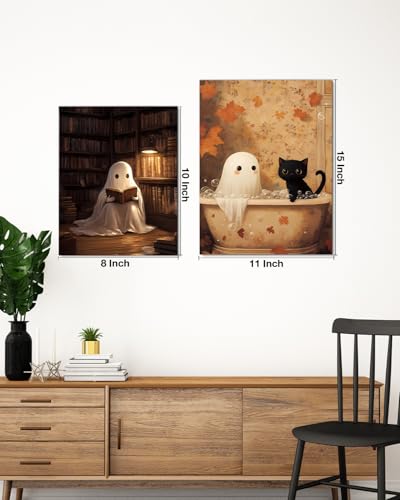 Halloween Ghost Wall Art Canvas Print - Spooky Library Reading Decor 8x10 Variation: Ghost-7