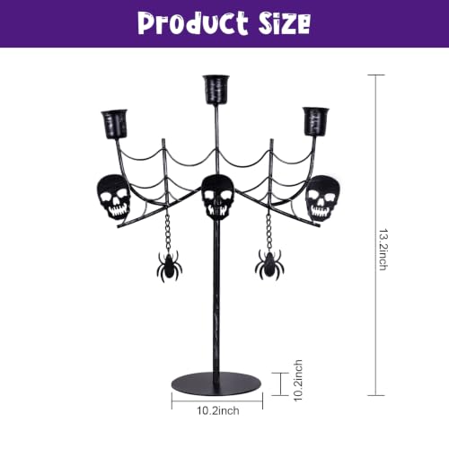 Halloween Skull Candle Holder - Gothic 3-Arm Black Metal Taper Candlestick for Indoor Decor