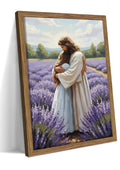 Jesus Embracing Girl Framed Christian Wall Art - 16x12in Religious Canvas Print - Lavender Scene