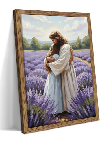 Jesus Embracing Girl Framed Christian Wall Art - 16x12in Religious Canvas Print - Lavender Scene