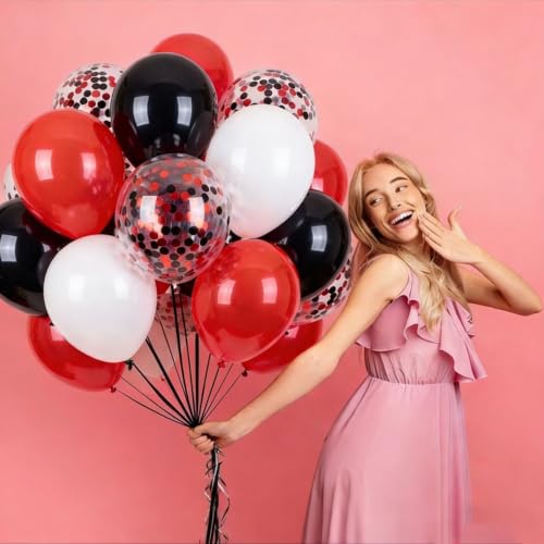 Black Red Confetti Balloon Kit - 60 Latex Balloons for Party Decorations