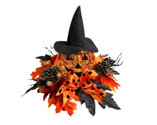 Lighted Halloween Pumpkin Decor with Witch Hat and Bow - 15 Inch Tabletop Fall Decor