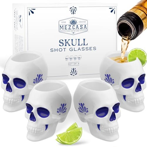 White & Blue Skull Shot Glasses Set of 4 - Día de los Muertos Handcrafted Ceramic Skull Glasses 2oz