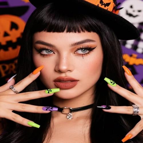 Halloween Short Press On Nails with Bat Ghost Spider Web Design - Purple 31