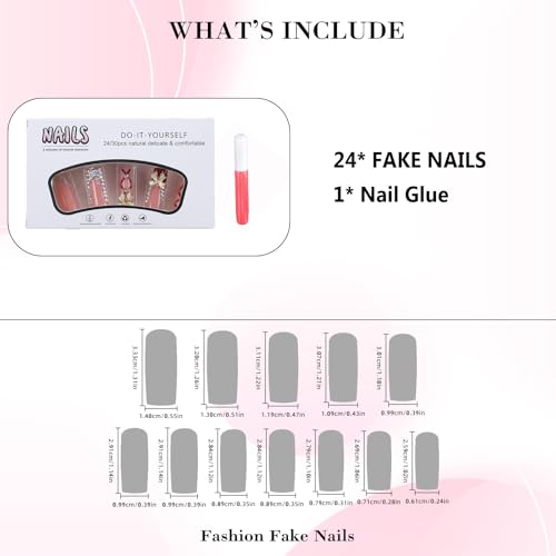 IMRAIN Long Square Press-On Nails with Rhinestones & Gold Bow Charms - Red Fake Nails C-27Red Gold