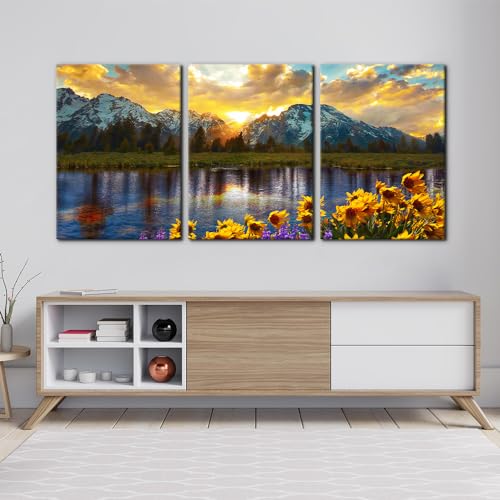 Mountain Canvas Wall Art Set - 3 Panels 20x28 Sunflower Landscape Framed Decor - Variation Wallart-12