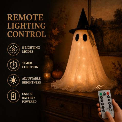 Medium 2-Pack Ghost Halloween Decor Set - USB Powered with Remote Lights