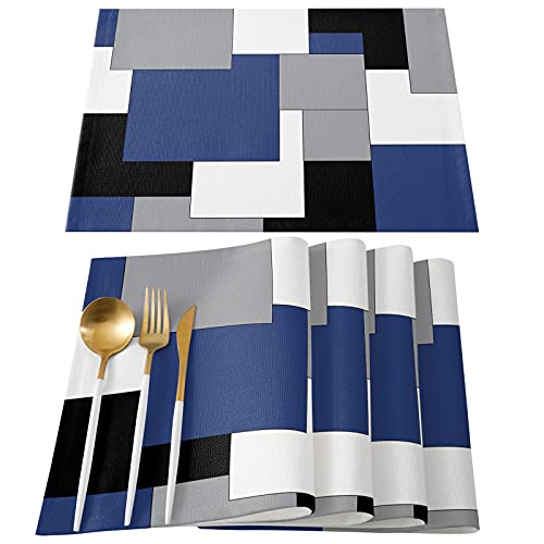 Abstract Art Navy Blue Placemats Set of 6 - Non Slip Washable Table Mats, Farmhouse Style, Heat Insulation for Dining & Wedding