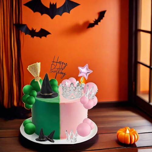Witch Cake Topper Set with Hats Crowns Brooms & Ball Decorations for Halloween & Birthday Parties