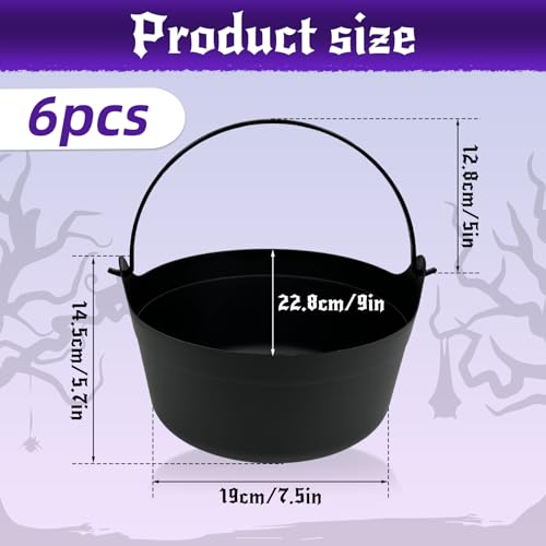 6-Pack Halloween Cauldrons 9 Inch Plastic Witch Pot Candy Buckets Bulk Black