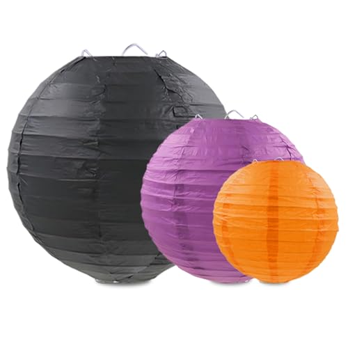 Halloween Paper Lanterns Set - Purple, Orange, Black Hanging Decorations, 9 Pieces