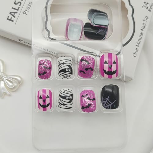 Halloween Press On Nails Short Square Glossy Fake Nails Set - Purple Black White Variation