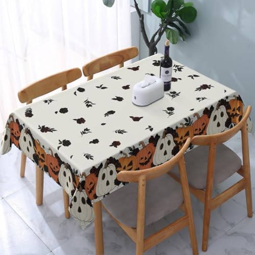 Halloween Rectangular Tablecloth 60x84 Inch White Pumpkin Floral Leaves Decor