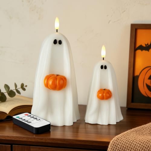 Halloween Ghost Flameless Candles with Remote Control - Real Wax, Timer, Safe Decor