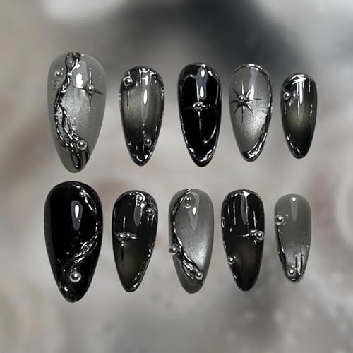 BABALAL Medium Almond Black Cat Eye Chrome Fake Nails - Silver Gothic Y2k Star, 30Pcs - Variation BFNZ013