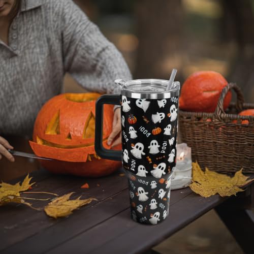 Halloween Tumbler with Handle 40oz - Cute Ghost Pumpkin Dark Aesthetic Travel Mug - Black Boo Variation