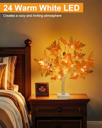 Fall Light Up Artificial Maple Tree Set - 22 Inch Battery-Operated LED Decor for Thanksgiving & Halloween