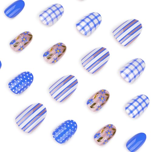 Blue Press On Nails Short Almond Fake Nails with Flower Designs - Colorful Variation 9
