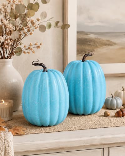 Vensovo 2 Pack 8-Inch Light Blue Faux Pumpkins for Fall & Holiday Decor - DIY Friendly