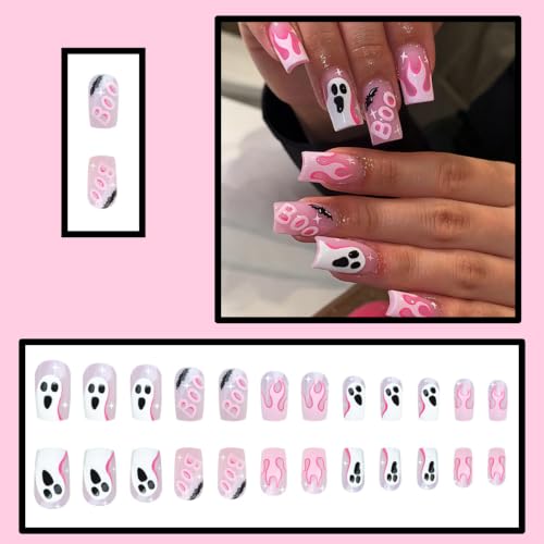 Halloween Press On Nails Medium Square Pink with Ghost Bat Flame - Style11