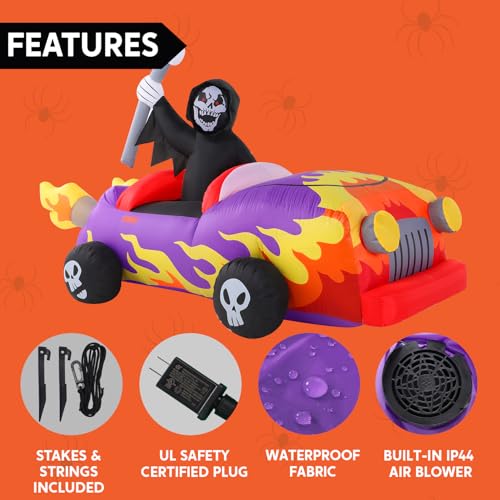 8ft Halloween Inflatable Grim Reaper Driving Car Outdoor Decoration with LED Lights