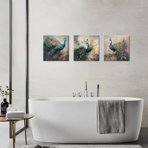 Colorful Peacock Wall Art Canvas Prints Set - 12x12 Inches, 3 Pieces - Elegant Bedroom & Bathroom Decor