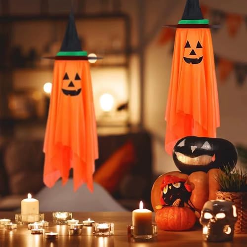 Halloween Hanging Pumpkin Witch Hat Decorations Set - Outdoor Reusable Fall Yard Ornaments