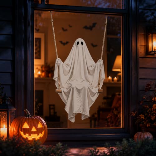 Halloween Static Window Cling - Cute White Ghost on Swing - Reusable Spooky Ghost Window Sticker - Style6