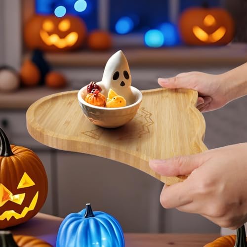 Ghost-Shaped Bamboo Serving Tray - Halloween Party Snack Platter, 10 Inch, Variation: Ghost