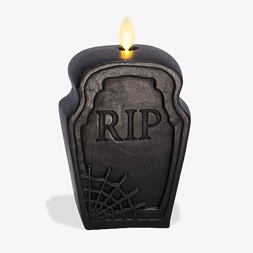 Small Black Flameless RIP Tombstone Candle - Halloween Decor, Moving Flame LED Light
