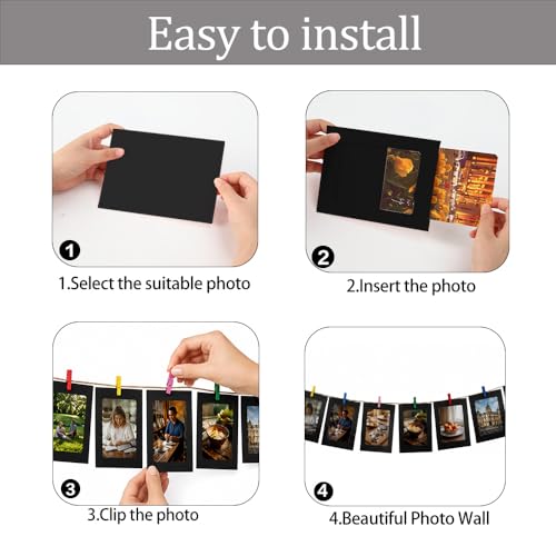 48PCS Black Paper Photo Frames with Clips & String - DIY Wall Display Set - Evechole