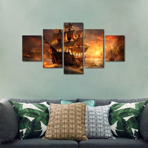 Pirate Ship Canvas Wall Art - Sea Landscape Painting, Framed 60"x32" - Fantasy Sailing Decor