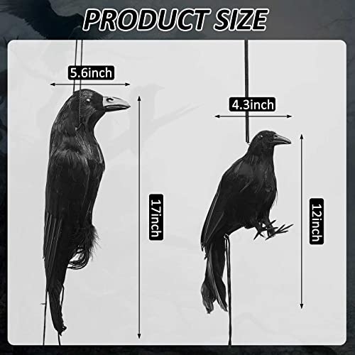 2 Pcs Halloween Black Crow Decoys - Realistic 17 Inch & 12 Inch Fake Crows for Garden & Decor