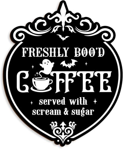 Halloween Coffee Bar Decor Sign - Funny Wooden Ghost & Bat Wall Art - Coffee Variation