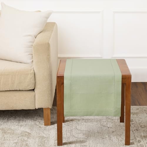 Pure Linen Table Runner Sage Green 14 x 36 in Hemstitch - Handcrafted