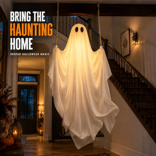 5 Ft Halloween Hanging Ghost Swing Decoration with LED Lights, Remote & Timer